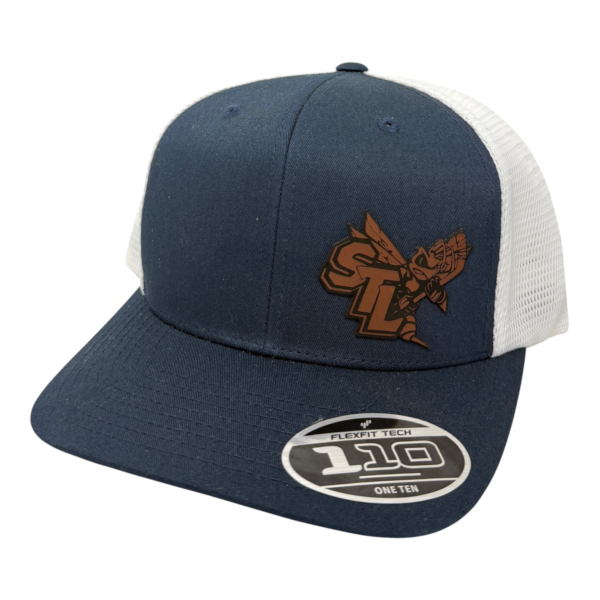 Blue/white hat with side leather patch